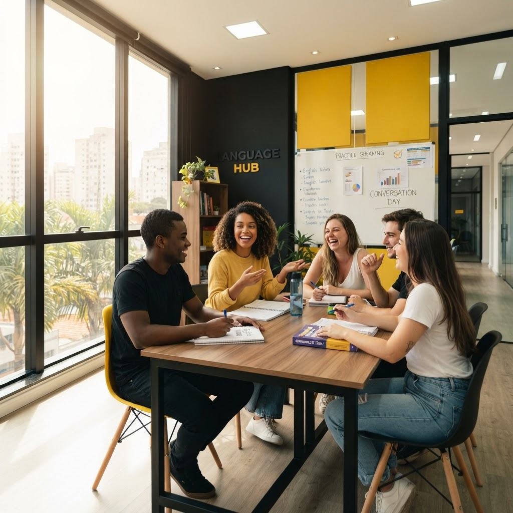 Alunos praticando conversação em uma sala de aula moderna